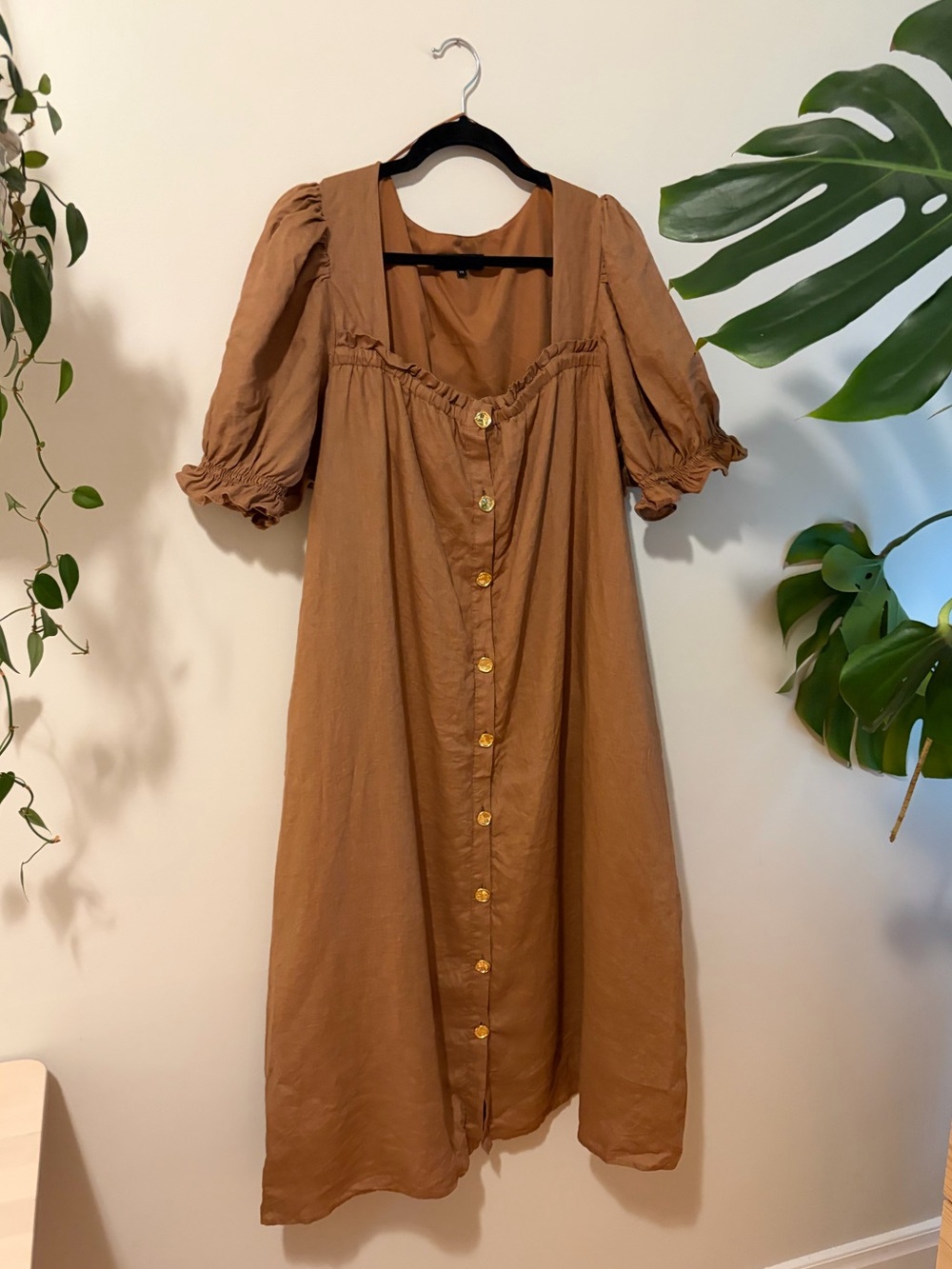 English Factory - Brown Puff Sleeve Button-Front Midi Dress